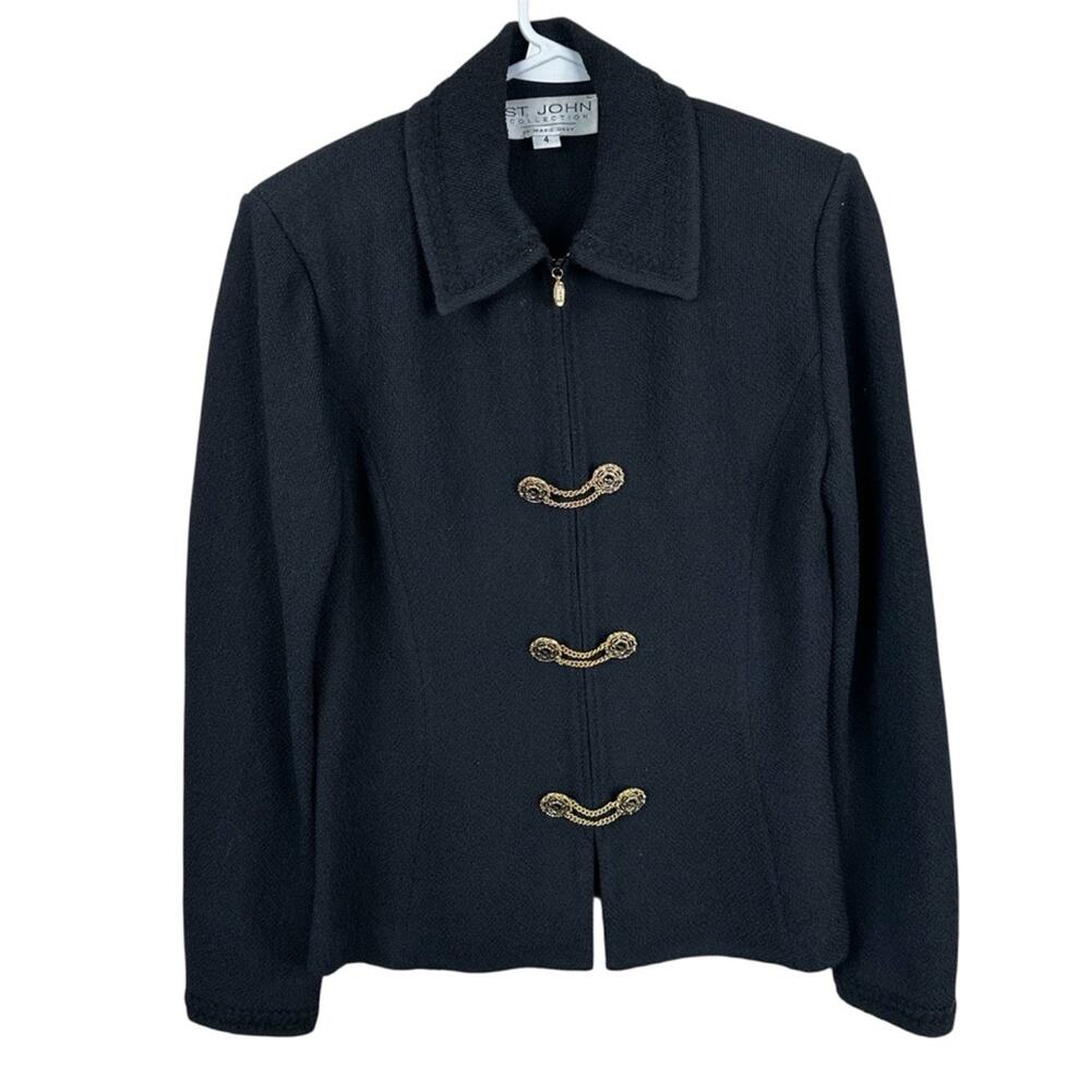 St. John Collection Jacket Womens 4 Black Knit Full Zip Up Chain Link Button